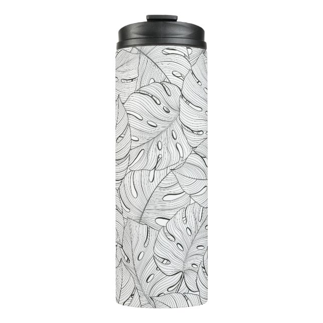 Monstera Leaves Black White Pattern Thermal Tumbler (Front)