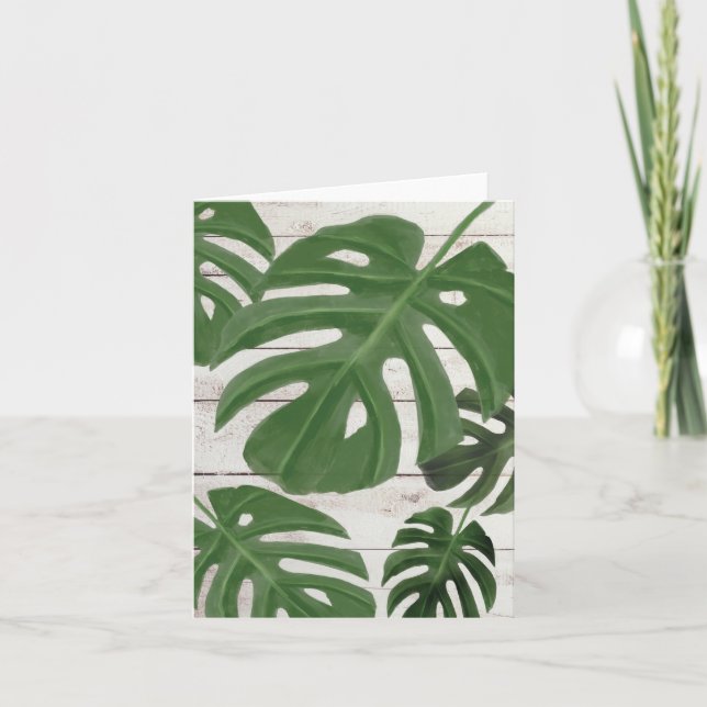 Monstera Leaves Blank Note Card On Wooden Planks (Front)