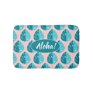Monstera Leaves - Blue and Pink Bath Mat