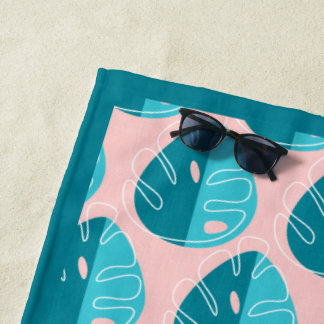 Monstera Leaves - Blue and Pink Beach Towel