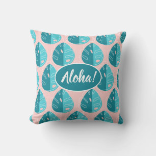 Monstera Leaves - Blue and Pink Cushion