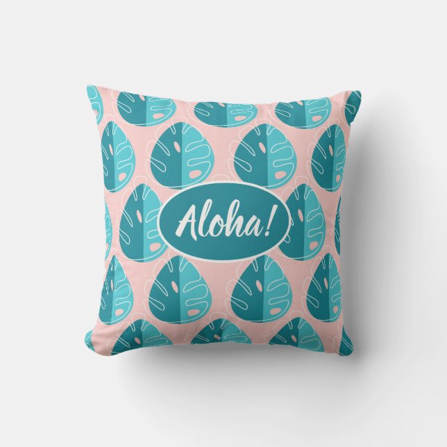 Monstera Leaves - Blue and Pink Cushion (Front)