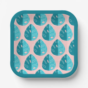 Monstera Leaves - Blue and Pink Paper Plate