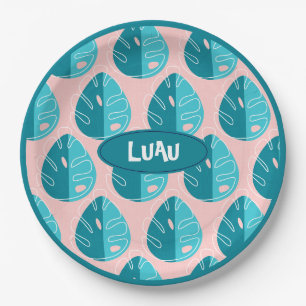 Monstera Leaves - Blue and Pink Paper Plate