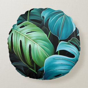 Monstera Leaves Botanical Tropical Jungle Foliage Round Cushion