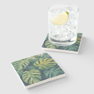 Monstera Leaves Botanical Watercolor Stone Coaster