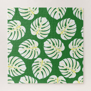 Monstera Leaves, Dark Green Vintage. Jigsaw Puzzle