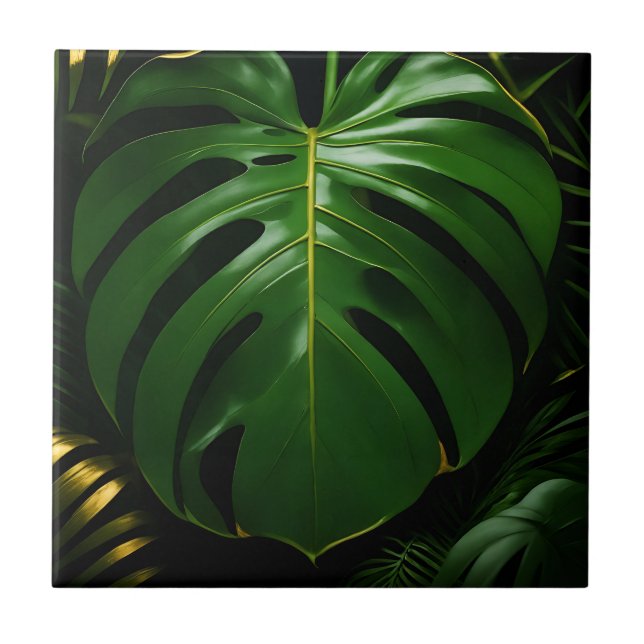 Monstera Leaves Gold Jungle Glamour Ceramic Tile (Front)