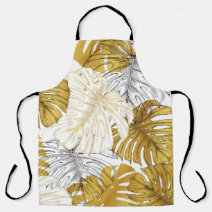 Monstera Leaves: Golden White Apron