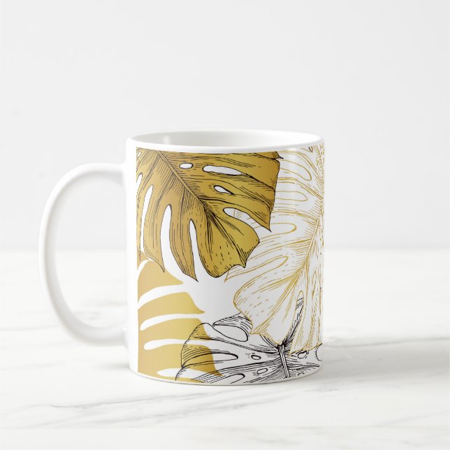 Monstera Leaves: Golden White Coffee Mug (Left)