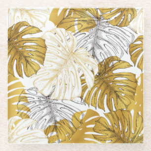 Monstera Leaves: Golden White Glass Coaster