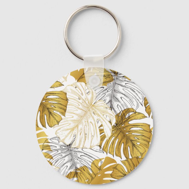 Monstera Leaves: Golden White Key Ring (Front)