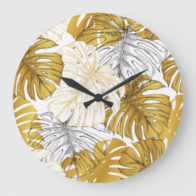 Monstera Leaves: Golden White Large Clock (Front)
