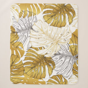 Monstera Leaves: Golden White Sherpa Blanket