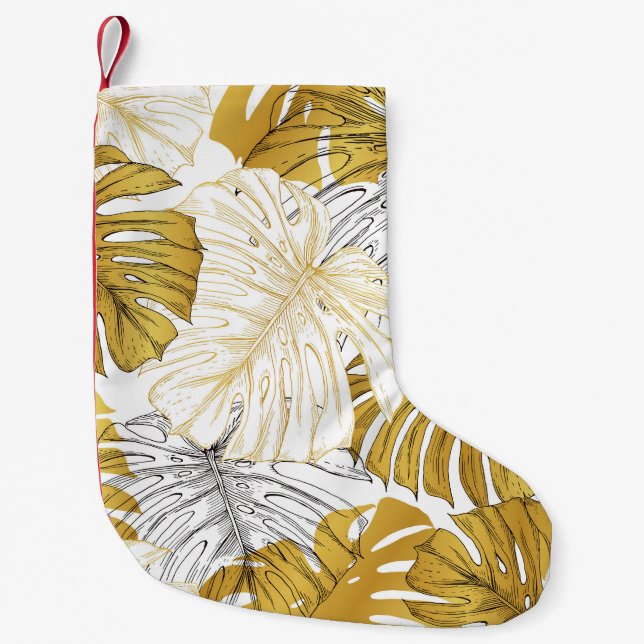 Monstera Leaves: Golden White Small Christmas Stocking (Front)