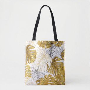 Monstera Leaves: Golden White Tote Bag