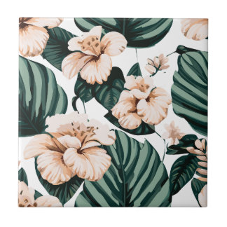 Monstera leaves hibiscus ceramic tile