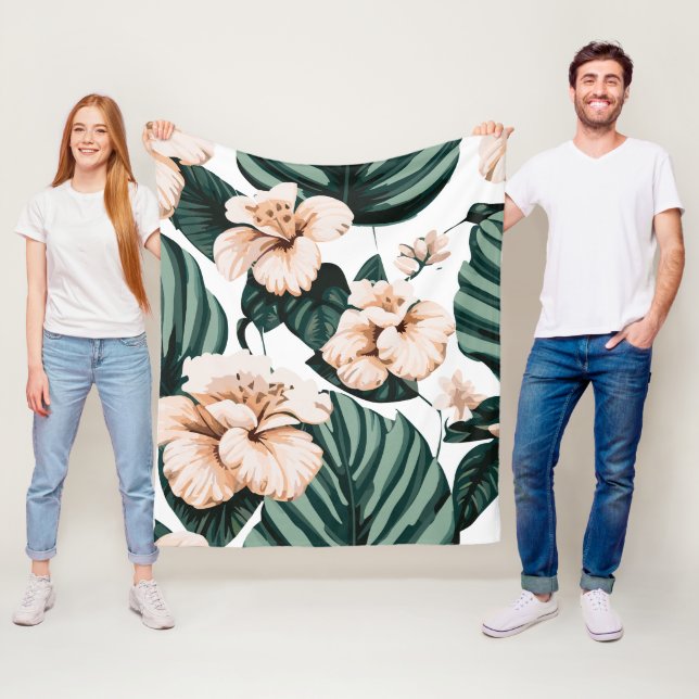 Monstera leaves hibiscus fleece blanket (In Situ)
