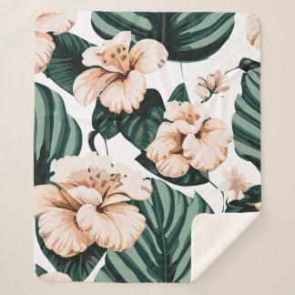 Monstera leaves hibiscus sherpa blanket