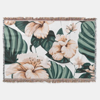 Monstera leaves hibiscus throw blanket