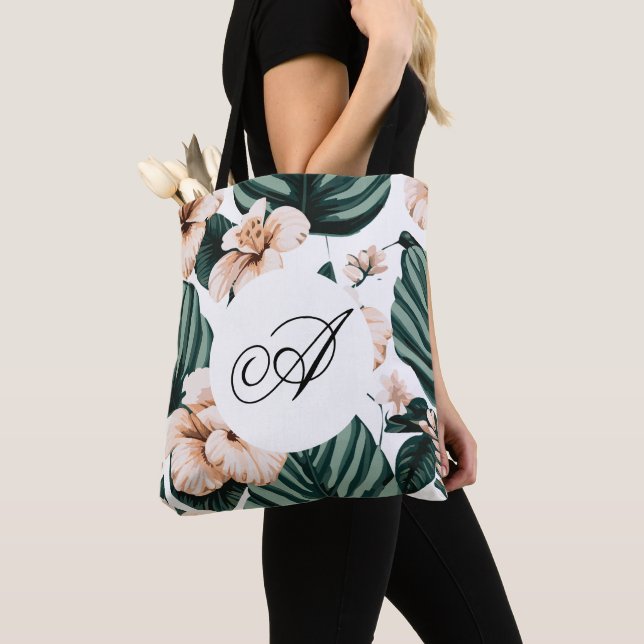 Monstera leaves hibiscus tote bag (Close Up)