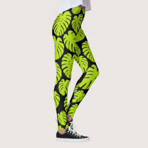 Monstera leaves in Lime Green and black Leggings