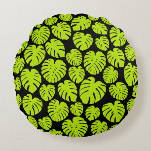 Monstera leaves in Lime Green and black Round Cushion