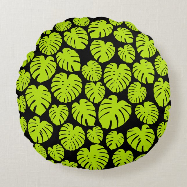 Monstera leaves in Lime Green and black Round Cushion (Front)