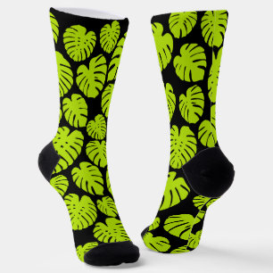 Monstera leaves in Lime Green and black Socks
