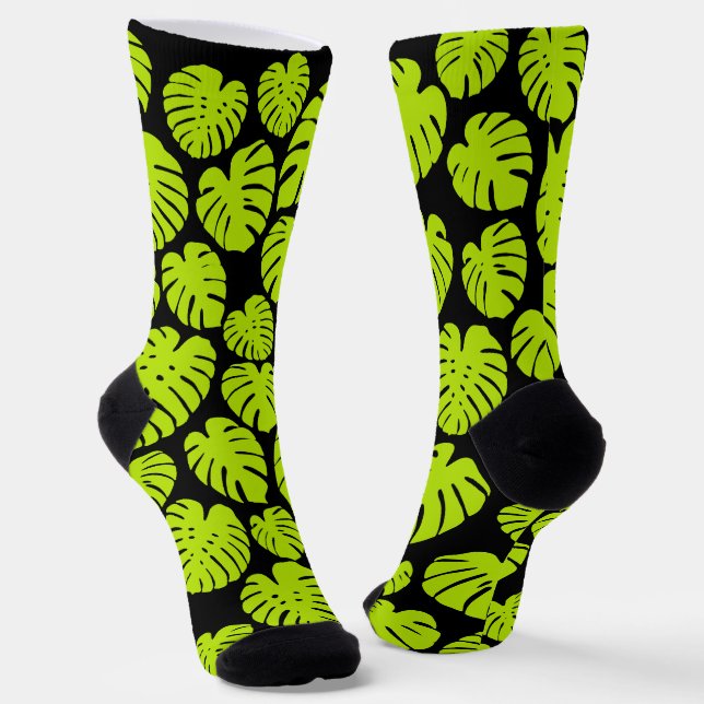 Monstera leaves in Lime Green and black Socks (Angled)