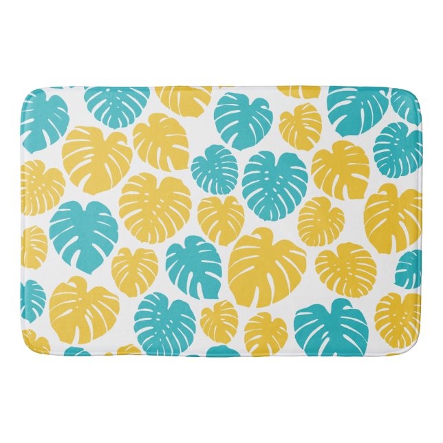 Monstera Leaves in Turquoise, Yellow, and White Bath Mat (Front)