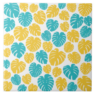 Monstera Leaves in Turquoise, Yellow, and White Ceramic Tile