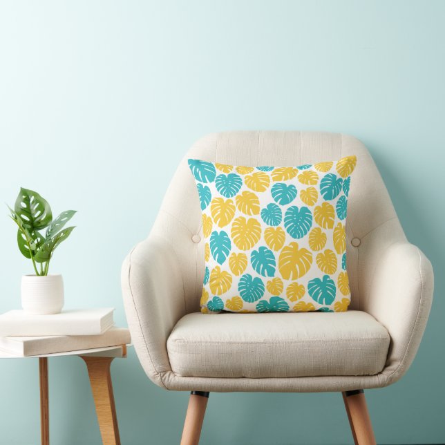 Monstera Leaves in Turquoise, Yellow, and White Cushion (Chair)