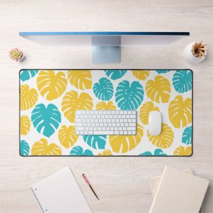 Monstera Leaves in Turquoise, Yellow, and White Desk Mat
