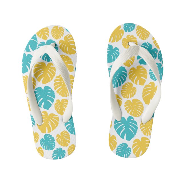 Monstera Leaves in Turquoise, Yellow, and White Kid's Thongs (Footbed)