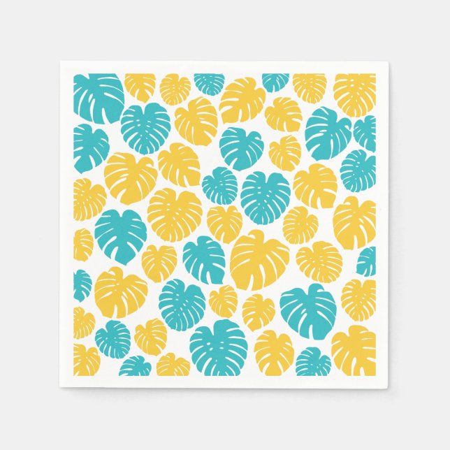 Monstera Leaves in Turquoise, Yellow, and White Napkin (Front)