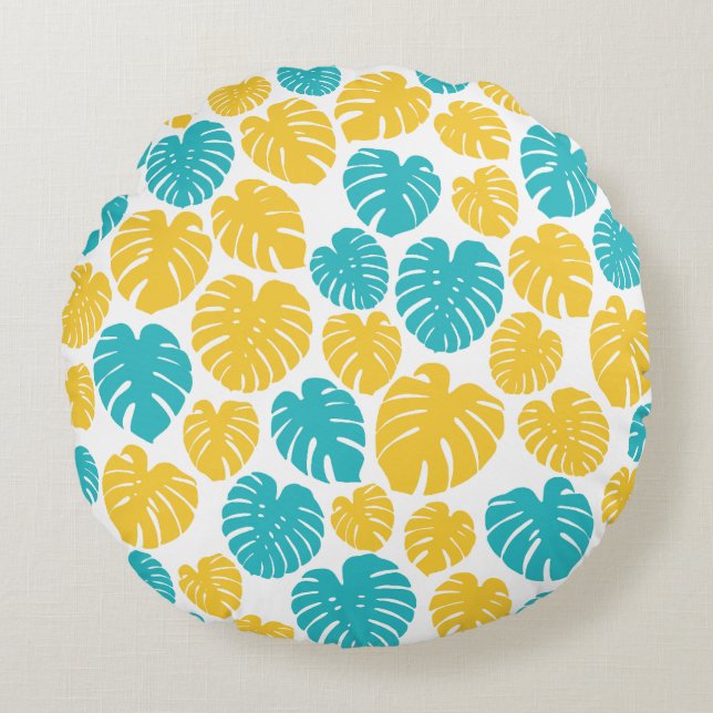 Monstera Leaves in Turquoise, Yellow, and White Round Cushion (Front)