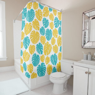 Monstera Leaves in Turquoise, Yellow, and White Shower Curtain