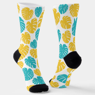 Monstera Leaves in Turquoise, Yellow, and White Socks