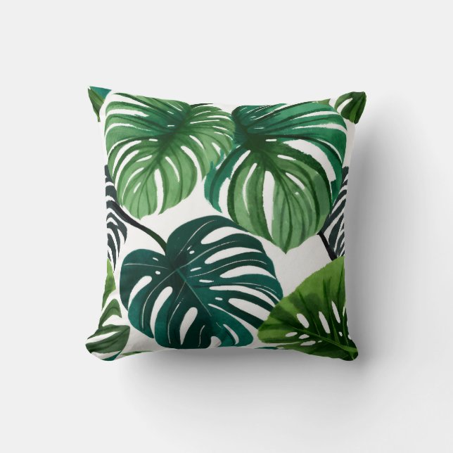 Monstera Leaves Modern Watercolor Botanical Cushion (Front)