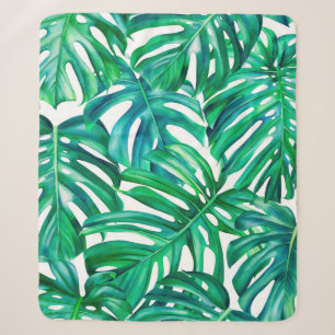 Monstera leaves on isolated background, watercolor sherpa blanket