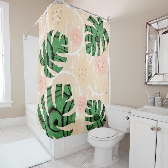 Monstera leaves on pink. shower curtain (In Situ)