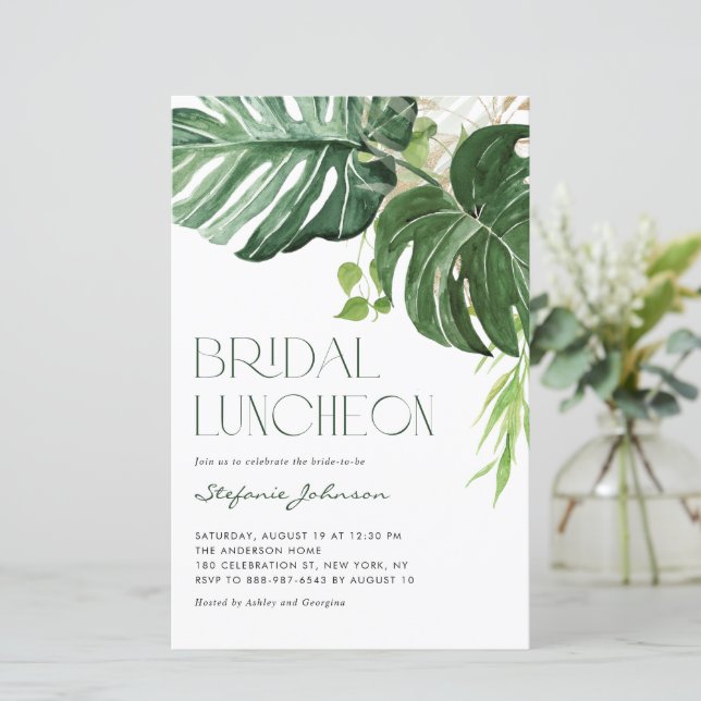 Monstera Leaves Summer Bridal Luncheon Invitation (Standing Front)