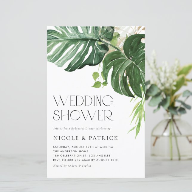 Monstera Leaves Summer Wedding Shower Invitation (Standing Front)