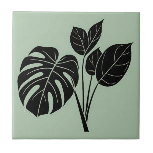 Monstera Leaves Tropical Minimalist Sage Ceramic Tile