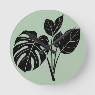 Monstera Leaves Tropical Minimalist Sage Round Clock