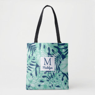 Monstera Leaves Tropical Palm Personalised Navy Tote Bag