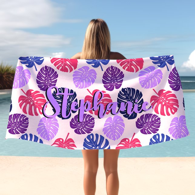 Monstera Leaves Tropical Purple Pink Script Name Beach Towel (Creator Uploaded)