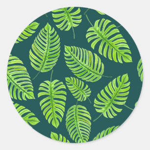 Monstera leaves, tropical watercolor pattern classic round sticker
