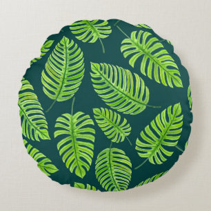 Monstera leaves, tropical watercolor pattern round cushion